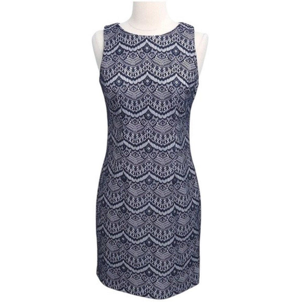 NWOT Jessica Simpson Blue & White Scalloped Lace Sleeveless Mini Sheath Dress- 2